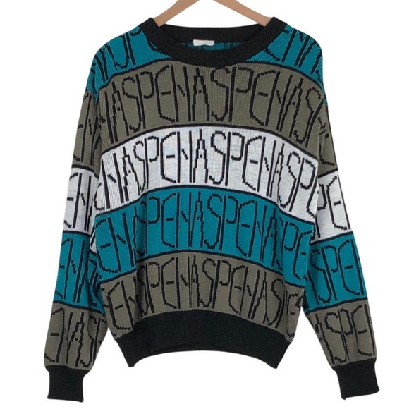 Aspen Other - VTG 80s ASPEN Spellout Graphic Knit Sweater Unisex Sz M Teal Gray White Black